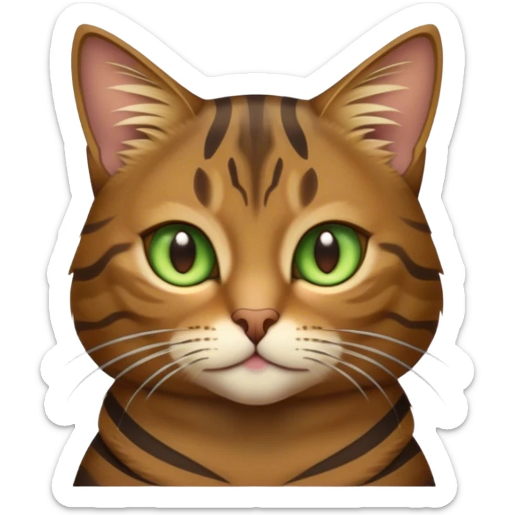 Cinematic Noble Brown Tabby Cat Portrait Emoji, Poised and regal, with sleek, well-groomed fur in warm brown tones accented by bold dark tabby stripes, striking almond-shaped golden-green eyes, Simplified yet sharp and sophisticated features, highly detailed, glowing with a soft, dignified glow, high shine, intelligent and graceful, stylized with an air of elegance, focused and attentive, soft glowing outline, capturing the essence of a watchful and refined feline, so majestic it feels as though it could glide across the screen with effortless confidence! sticker