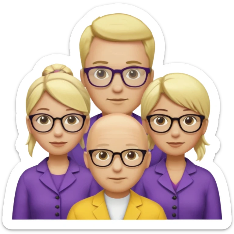 FIVE person team; 2 men and 3 women.  All dressed in yellow or purple.  2 caucasian women have blonde and 1 has ash blonde hair tied up.  1 man is black and bald, 1 man is caucasian and very little hair left.  All have glasses sticker