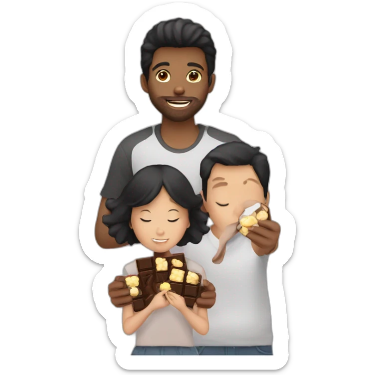 Young boyfriends eating chocolates. the boy has a beard and the girl has straight black hair sticker