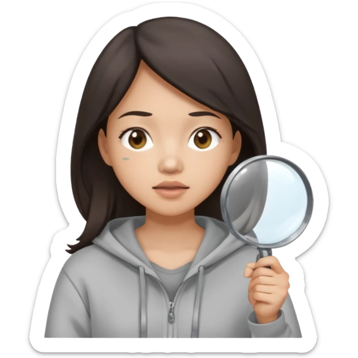 A brunette asian woman wearing hoodie holding a large magnifying glass and squinting at something to intently sticker