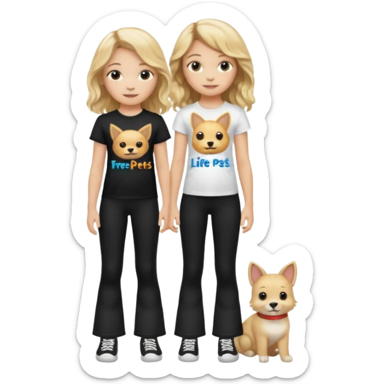 10 year old girl wearing flares black leggings and and a t-shirt that says " Free pets for lifee 💓" and her hair is blonde Wavy sticker