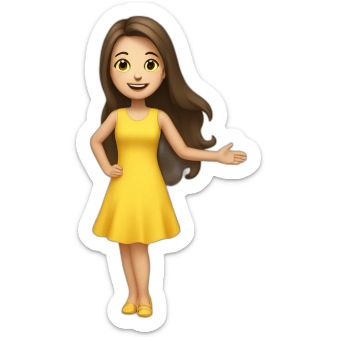 Brunette very happy girl with long hair shake her hand for say hi! to someone. She is wearing a yellow dress sticker