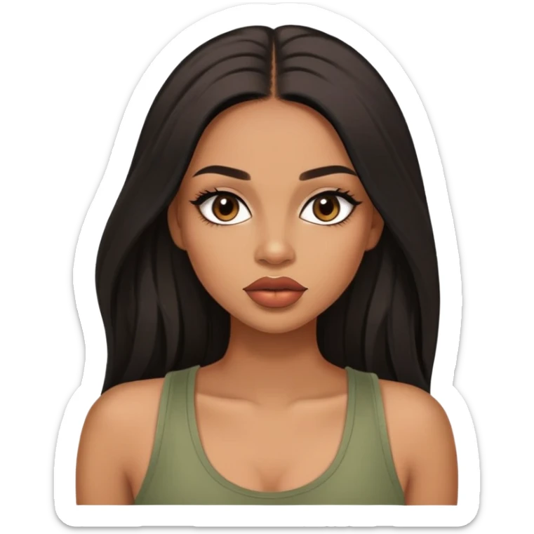 light brown skin tone, very beautiful woman, with big plump lips, long long lashes, black straight long hair, brown eyes, sage tank top sticker