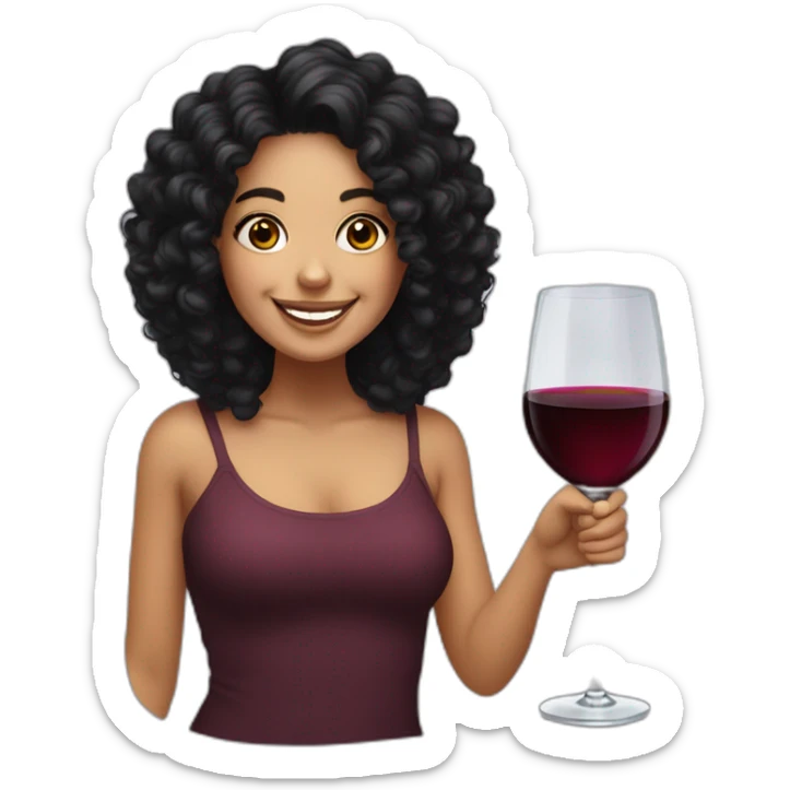 White latin girl with big smile, curly black hair and glass of wine sticker