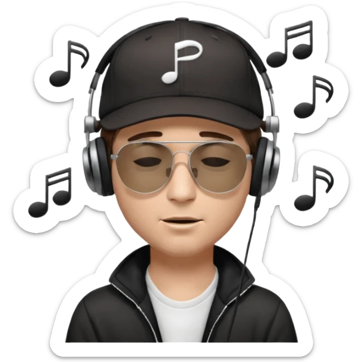 emojis.com dj-man-white-with-baseball-cap---rayban-sun-glasses-80s---brown-hair---closed-eyes-with-headphones-on-with-musical-note-over-head-(listening-to-music-)---eyes-closed-no-glasses---black-hat--musical-notes sticker