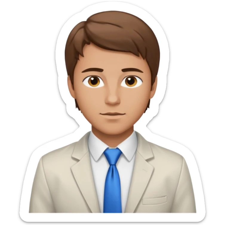 un homme type caucasien brun plutot jeune avec des jolies traits avec une chemise blanche et une veste a manche longues et cravate bleu il a les yeux marron sticker