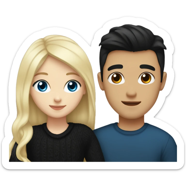 Blonde girl with blue eyes in black sweater and an east asian with light skin man with black hair and black eyes hugging sticker