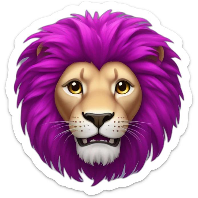 Lion with magenta hair, white left eye, closed right eye with scar, purple furr sticker