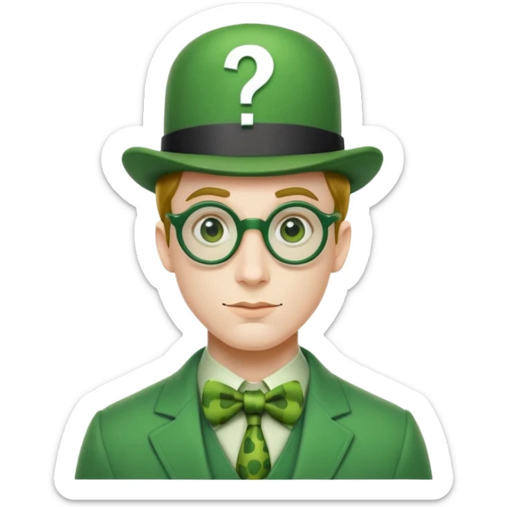 The Riddler villain from Batman with green suit, question mark symbols, bowler hat sticker