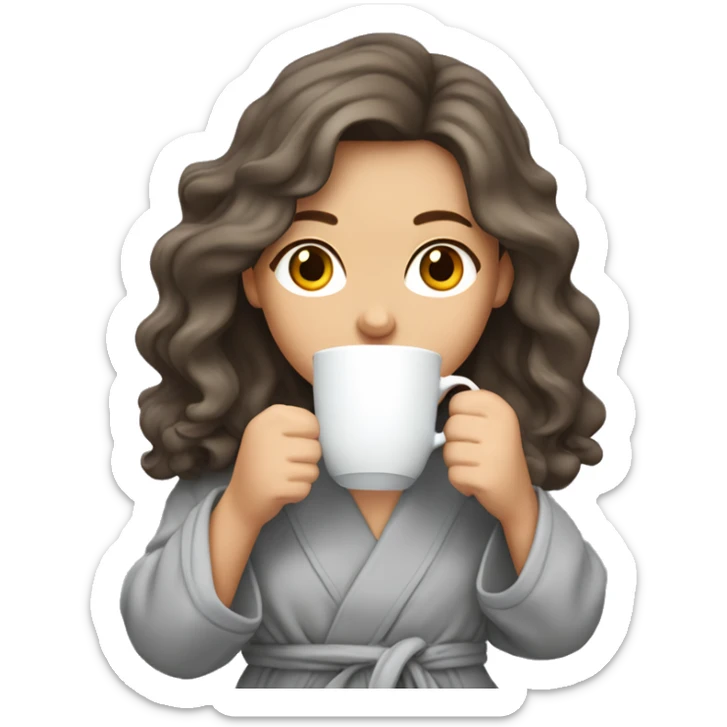 Brunette white girl with wavy long hair sipping a cup of tea in a grey dressing gown  sticker