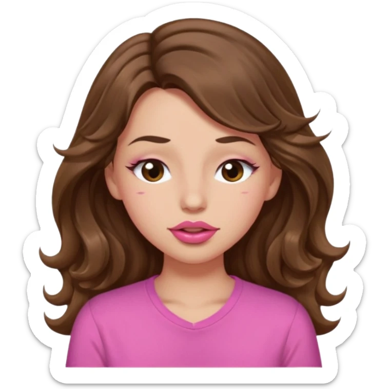 girl with long wavy brown hair, brown eyes, light to medium complexion, in a pink shirt, pink lips, long lashes, puckering lips kissing, winking with one eye closed sticker