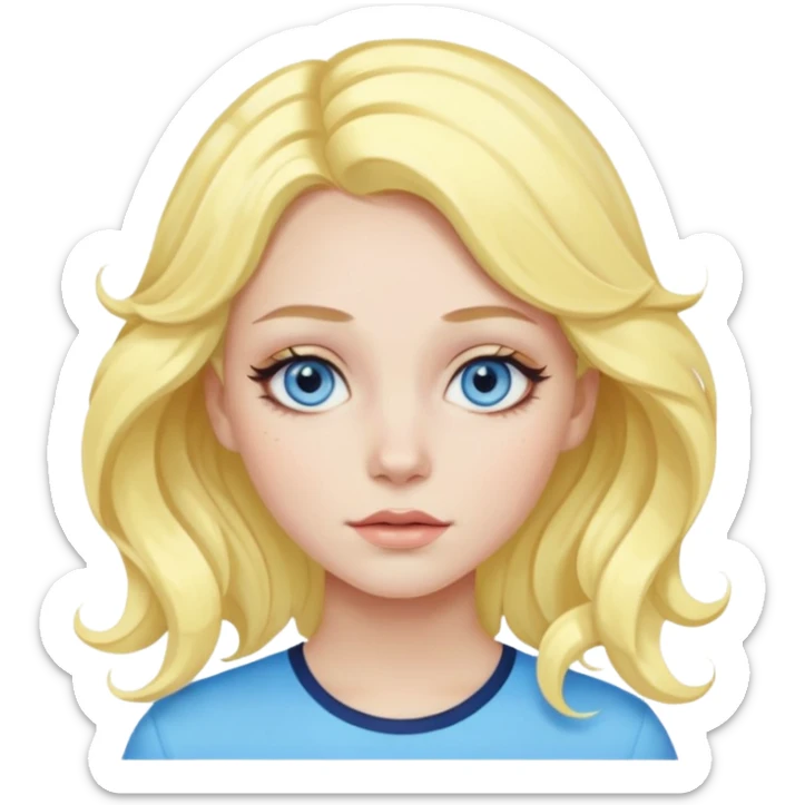 girl with blue eyes, pastel yellow wavy hair, dramatic eyeliner and highlighter sticker