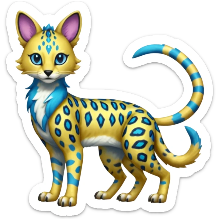 Colorful Golden Gold Shiny Lombax-Sergal-Vernid-Serval-Civet-Genet-Pokémon-Digimon-Fakémon-fusion-hybrid-creature with Cyan stripes and blue leopard-spot-markings  sticker