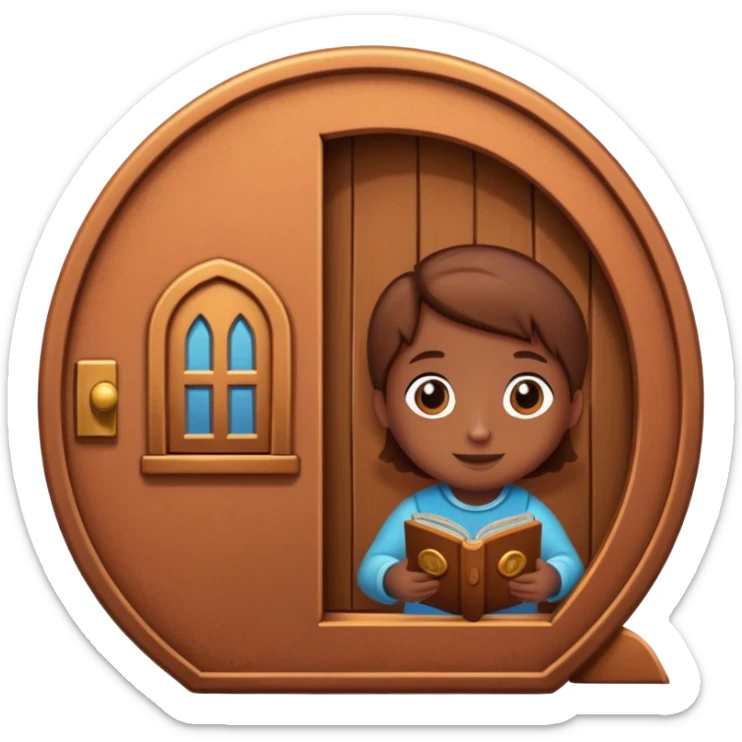 cross-section of a penny coin showing a cute character living inside, penny interior as a cozy home, tiny door and windows sticker