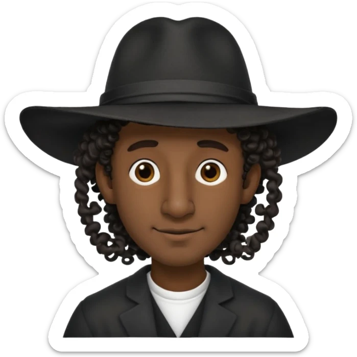 A man with a big nose and a black hat like a top hat but round and all black, with a strand of curly hair coming out from both sides of the hat, the strand of hair should be long  sticker
