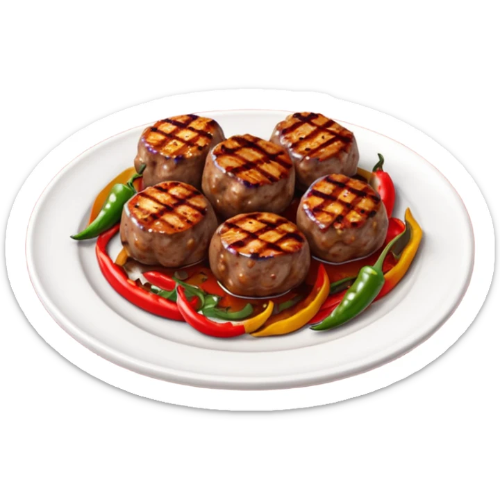 Akçaabat meatballs object icon, grilled Turkish kofte pieces on a plate, smoky char marks, juicy texture, served with grilled peppers and tomatoes, 3D cartoon, mobile game icon style, centered, clean background, no text, no watermark
 sticker