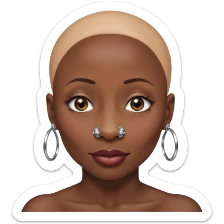 Grown black (proud) woman, bald with a perfect head, a prominent nose with a septum piercing, many piercings on her ears, a gap between her front teeth and very long nails (cynthia erivo) sticker