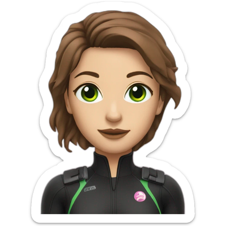 woman with green eyes, large and straight brown hair, pink diving underwater black suit gear sticker