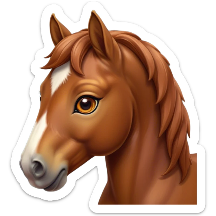 Cinematic Cute Chestnut Horse Portrait Emoji, Head tilted playfully and inquisitively, showcasing a glossy chestnut fur with a vibrant sheen and gentle, expressive amber eyes, Simplified yet irresistibly adorable features, highly detailed, glowing with a warm, friendly glow, high shine, affectionate and spirited, stylized with a touch of whimsy, bright and endearing, soft glowing outline, capturing the essence of a mischievous yet loving horse, so playful it feels like it could prance out of the screen and into your arms! sticker