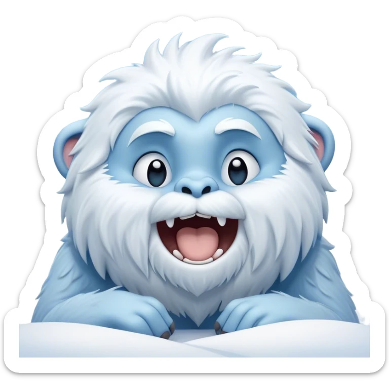 Cinematic Cute Yawning Yeti Portrait Emoji, with a charming, fluffy, snow-dusted figure in gentle whites and cool blues, head tilting back in a wide, endearing yawn with softly closed, peaceful eyes and a content little smile, simplified yet irresistibly adorable, highly detailed with a soft, frosty glow and outline capturing the serene slumber of a yeti! sticker