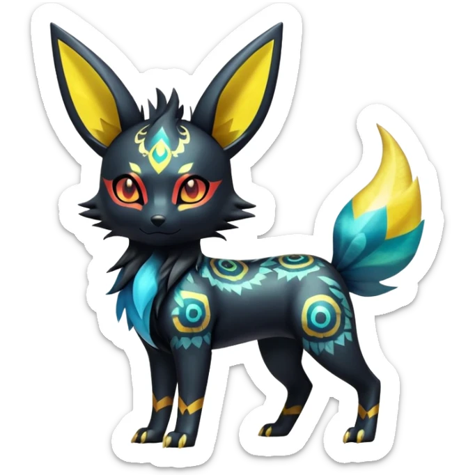 Shiny Exotic Badass Colorful Ethereal Royal Mysterious Gothic Umbreon-Jolteon-Litten-Noibat-Pokémon-Fakémon-hybrid-creature (full body) with pattern-markings sticker