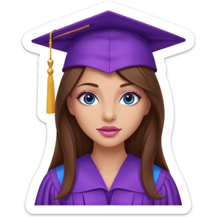 pretty girl with beautiful extremely long brown hair, blue eyes, long lashes makeup, sexy pink lips, wearing a purple graduation cap and gown sticker