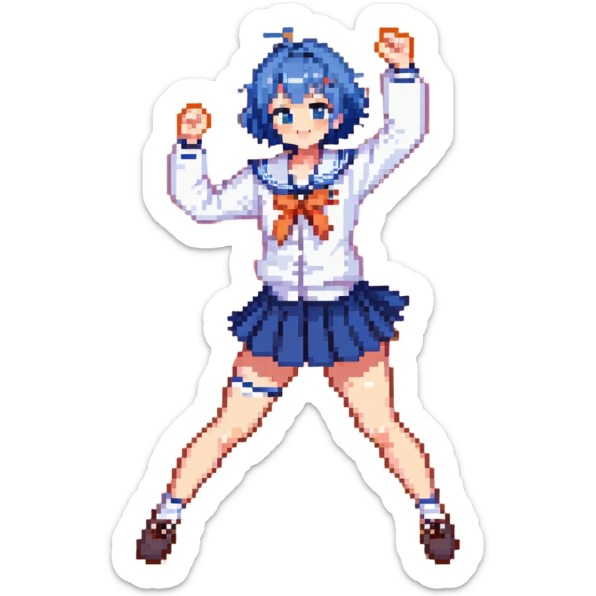 Pixel art energetic anime girl with short blue hair wearing Japanese sailor style school uniform, striking a victory pose, very cheerful sticker