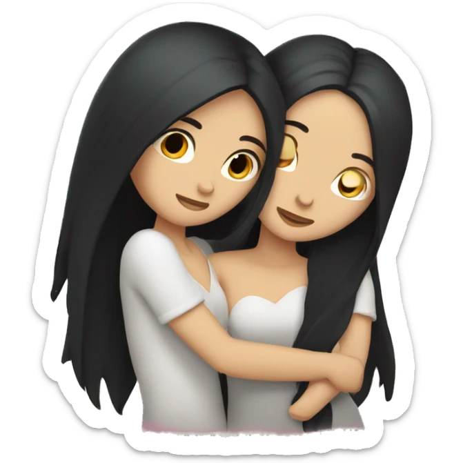 A lesbian couple with white skin and long black hair hugging intimately sticker