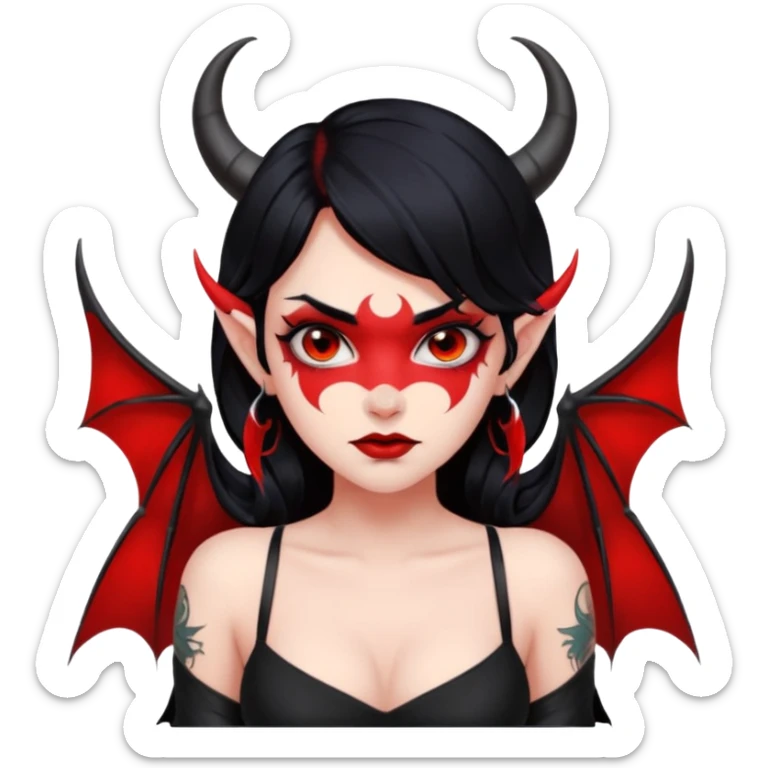 Demon girl, entire skin solid red, black hair, horns, bat wing, black dress, tattoo-flash comic. sticker