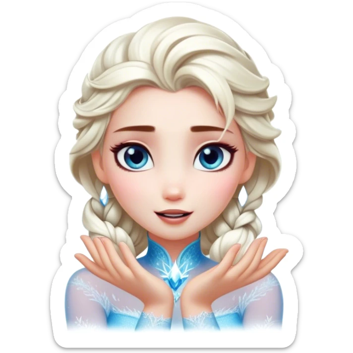 Cinematic Playful Elsa Portrait Emoji, Blowing frost from her hands in a dazzling display, eyes filled with mischief, exuding a magical charm that is both fun and enchanting! sticker