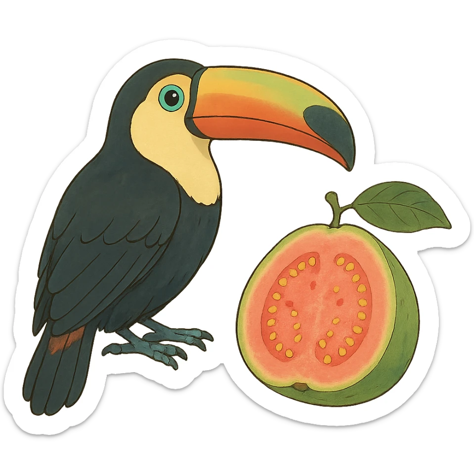 ghibli style toucan and guava sticker