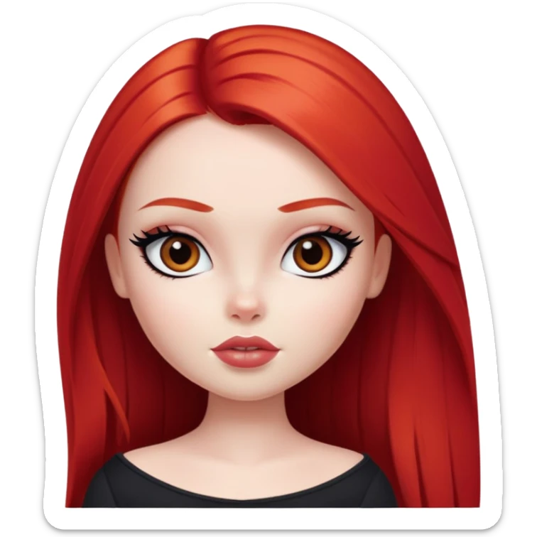 pretty bratz girl, long straight bright red hair, brown eyes, black eyeliner, pale skin sticker