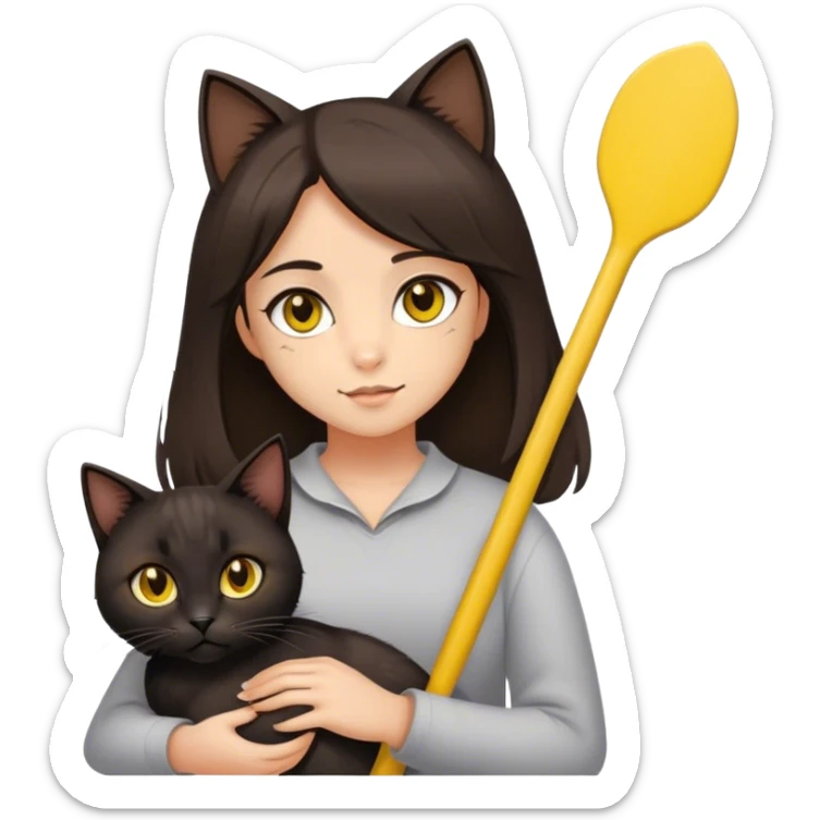 A girl with medium-length hair, brown eyes, brunette and slightly swarthy.In her arms is a black paddle-eared cat with yellow eyes sticker