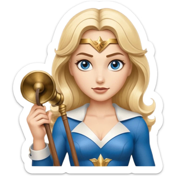 Blonde blue eyes Wonder Woman holding bell and short white orchestra conductor’s baton  sticker
