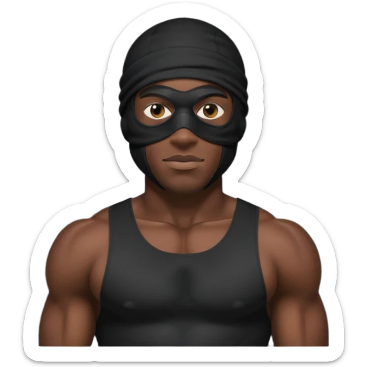 smug muscular african male black ski mask wearing guy with no top. wears a full ski mask with only eyes revealed sticker