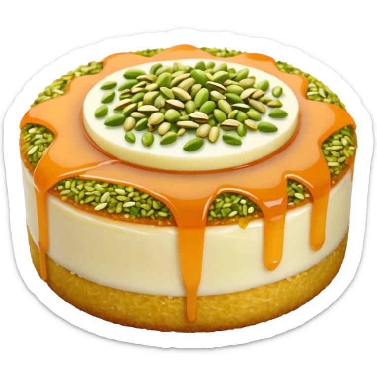 A small round emoji of traditional kanafeh with golden-orange crispy threads, a gooey white cheese center, and a light sprinkle of green pistachios. Warm and delicious-looking. sticker