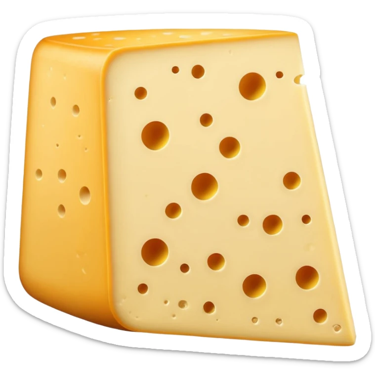 Beaufort cheese wedge, thick slice, firm pale yellow inside, natural darker rind, smooth dense texture, some small holes, cleanly cut, soft lighting, subtle shadows, emoji scale sticker