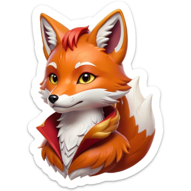 Cinematic Noble Fox Portrait Emoji, Poised and regal, with a lithe, agile build and a lush, fiery red Fur accented by white markings on the chest and tip of the tail, deep-set soulful amber eyes, Simplified yet sharp and sophisticated features, highly detailed, glowing with a warm, dignified glow, high shine, intelligent and cunning, stylized with an air of wild elegance, focused and attentive, soft glowing outline, capturing the essence of a watchful and confident forest wanderer, so majestic it feels as though it could dash out of the screen with effortless authority! sticker