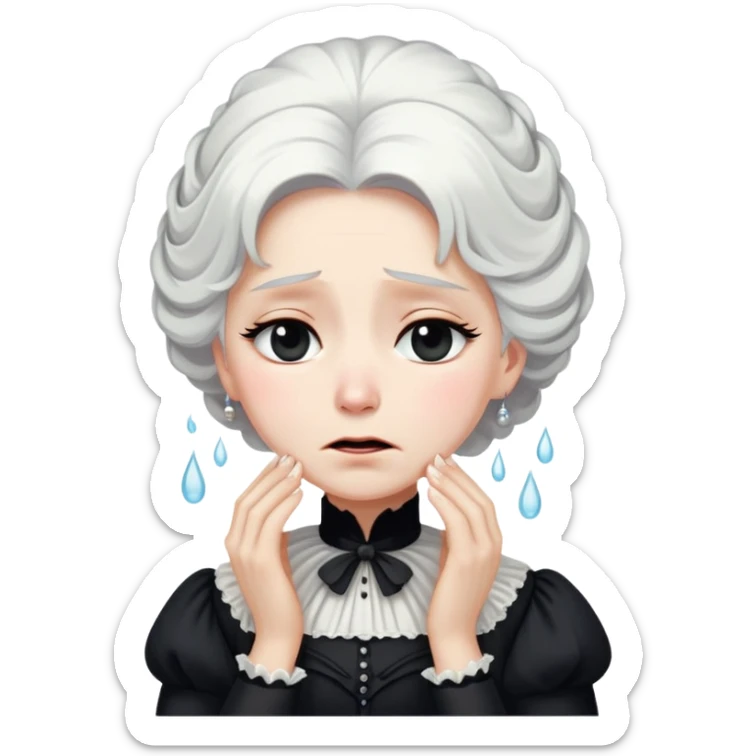 A Victorian woman with elegant coiffed white hair wearing a modest black mourning dress sobbing with tears streaming down her face sticker