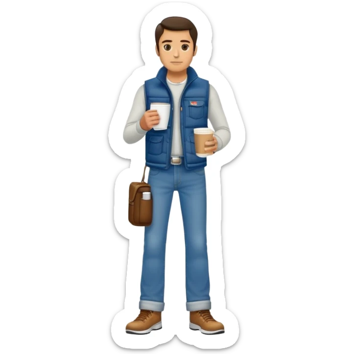 full body man with plain puffy vest with no pockets over long sleeved shirt wearing straight levi boot cut levi blue jeans and tennis shoes holding coffee mug in his hand sticker