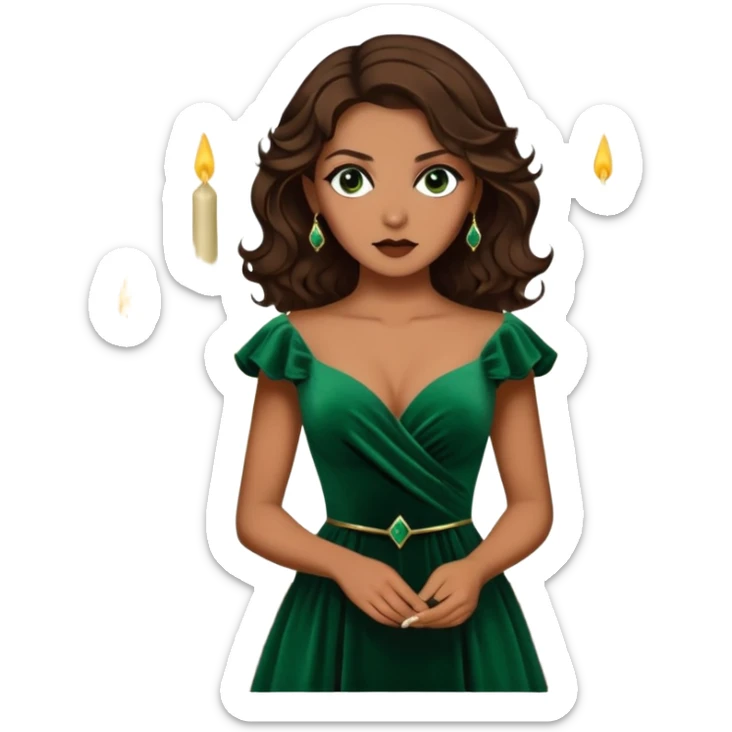 A half-body image of a woman with dark, smoky eyes and soft, wavy brown hair. She’s wearing a velvet, emerald green dress, with a serious yet alluring expression, standing in front of an antique, candlelit setting. sticker