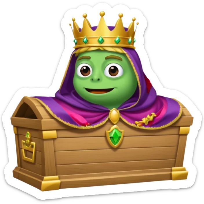 Emoji of an empty wooden coffin labeled ‘ECHO,’ being nailed shut by a king-like Pepe the Frog wearing a crown and cape sticker