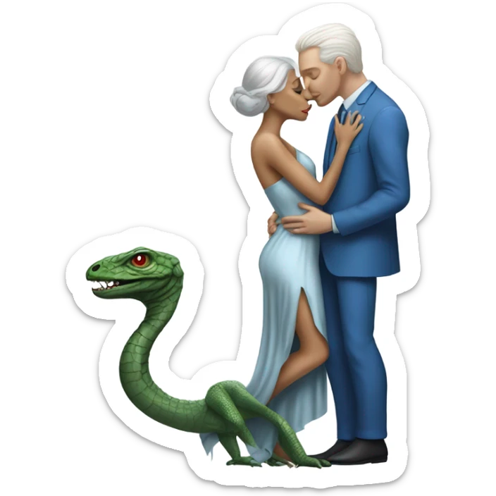 White man in blue dress  hugs and kissing Alien reptilian woman in silver dress  sticker