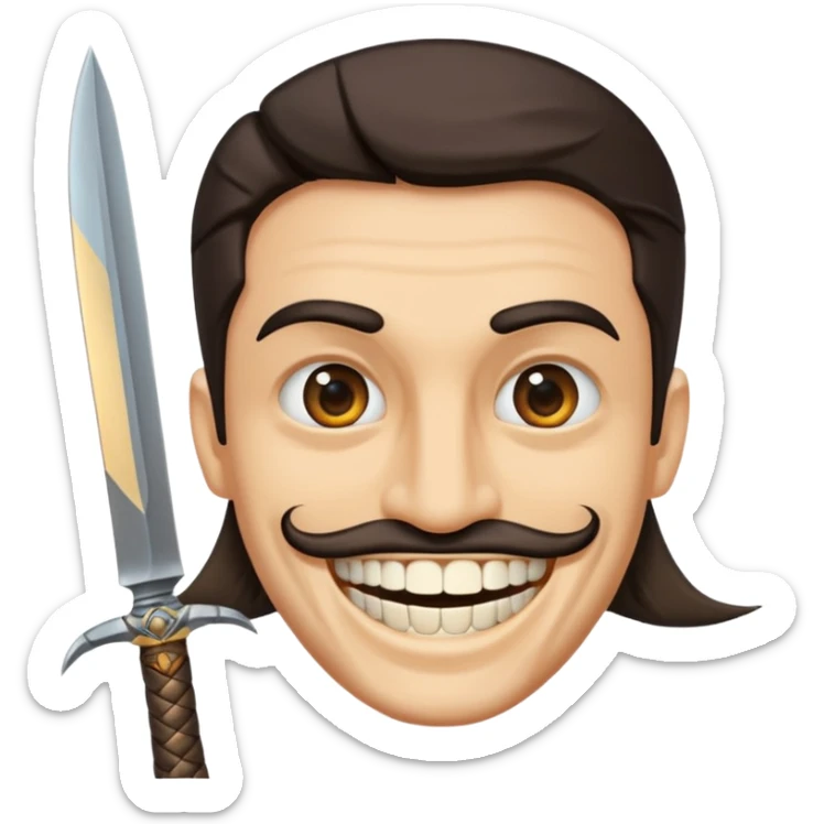 Haz que tenga una sonrisa epica una cicatriz en el ojo serrado y una espada entre los dientes y dos más a cada lado. sticker