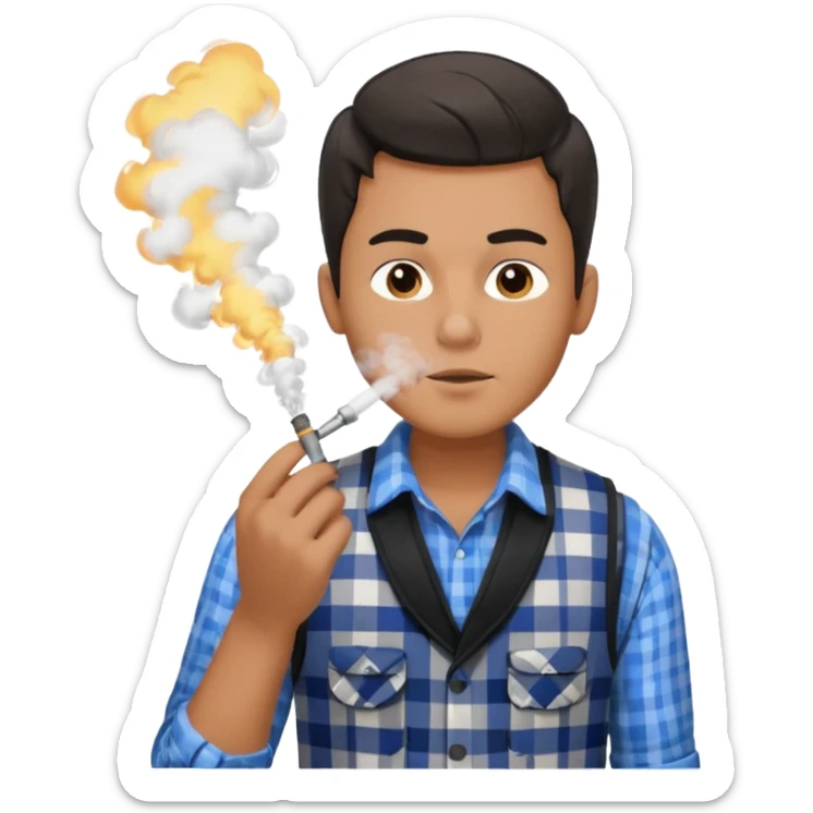 Vaquero camisa de cuadros blanca con negro y chaleco azul  joven sacando humo  sticker