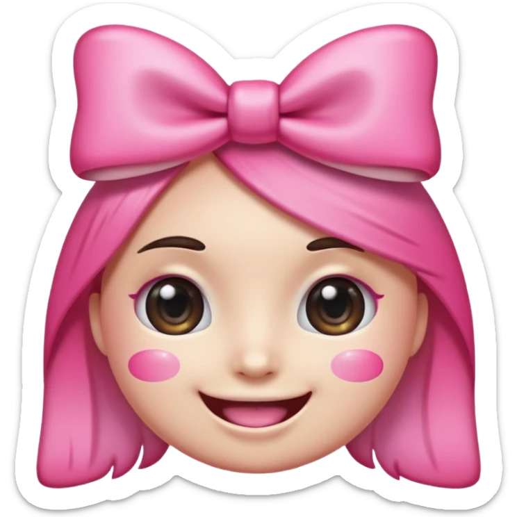 surreal and kawaii emoji face with huge sparkling cartoon eyes, a wide realistic human smile with perfect teeth, pink cheeks, and a big pink bow on its head. The background is transparent. Above the head, the text "kawowiwo-wiwi" is written in a playful, handwritten font sticker