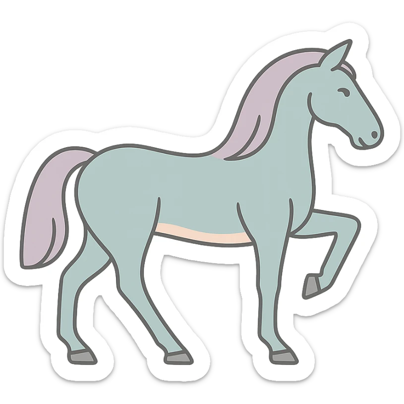 Create an icon-color-outlined style image of a horse, symbol of the year in Feng Shui, in Chinese Eastern style. Use thin clean contours, soft rounded shapes, and a pastel palette including #98B5BC, #B5B3C1, #C9A3C9, #E4C0CA, #F7DCD1, #F7C0AA. Include detailed shadows and highlights with soft lighting. The horse should have the appearance and details of the last generated horse, with the pose as in the reference image. The background should be transparent. The style should be less cute and without decorative elements. sticker