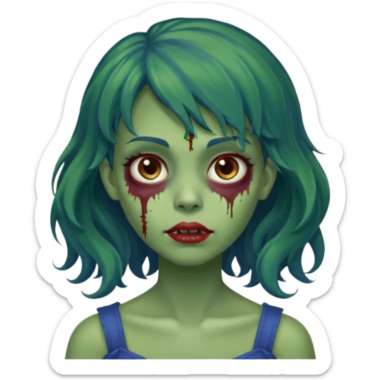 faça uma menina zumbi verde bonita com um cabelo ondulado, olhos castanhos-avermelhados e que metade da franja seja azul escuro e o a outra metade e resto do cabelo sejam castanho escuros sticker