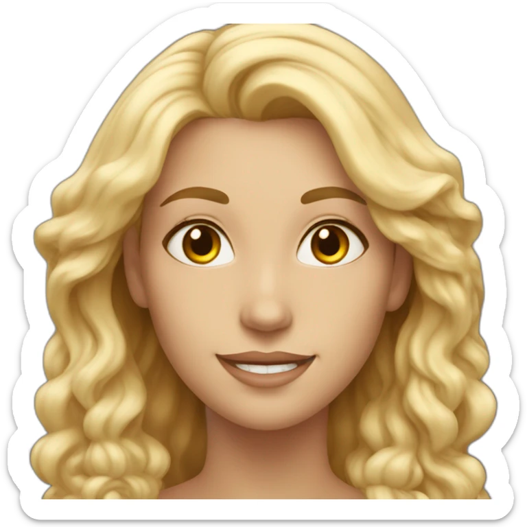 a beautiful woman, in the representation of the One who loves God, has a big smile, stares at the camera in front of her, her hair is blond and long sticker
