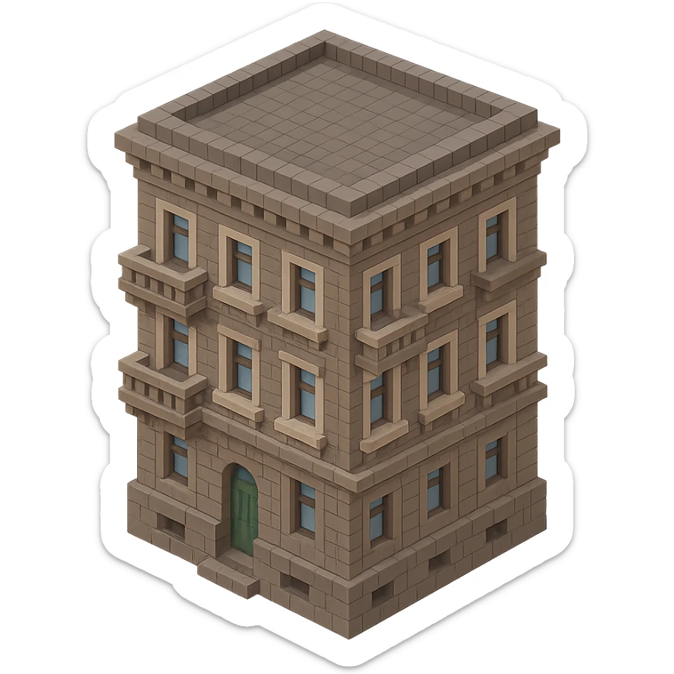 old Saint Petersburg building in voxel style, gray-brown palette, detailed cornices and balconies, isometric view sticker